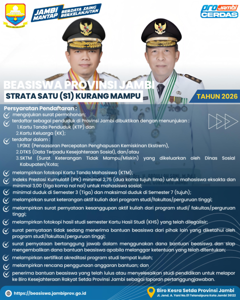 Pemprov Jambi Buka 500 Kuota Beasiswa S1 Tahun 2026, Pendaftaran Gratis Mulai Hari Ini