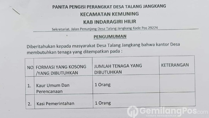 Pemdes Talang Jangkang Buka Pendaftaran Kaur Umum dan Kasi Pemerintahan