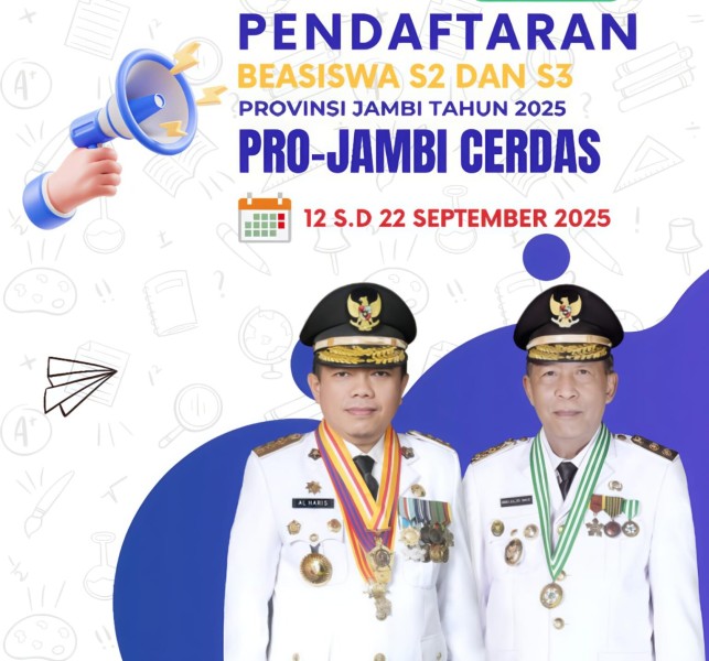 Beasiswa S2 dan S3 Pemprov Jambi Buka Hingga 22 September 2025. Berikut Syarat dan Link Daftarnya