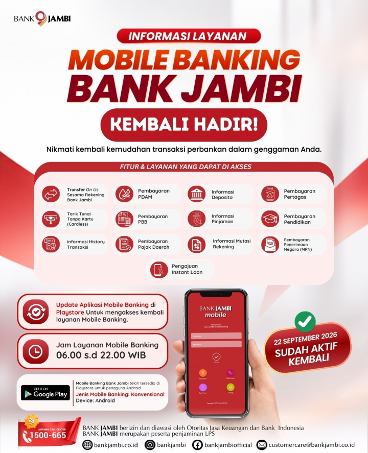 Mobile Banking Bank Jambi Pulih Total, Nasabah Kembali Bisa Bertransaksi dengan Mudah