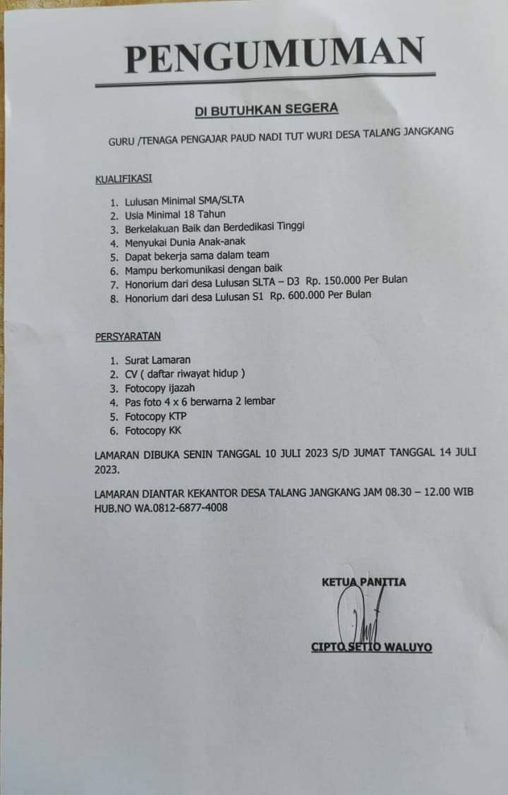 Pemdes Talang Jangkang Buka Loker  Guru PAUD